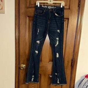 Distressed Flare Jeans - Dark Blue